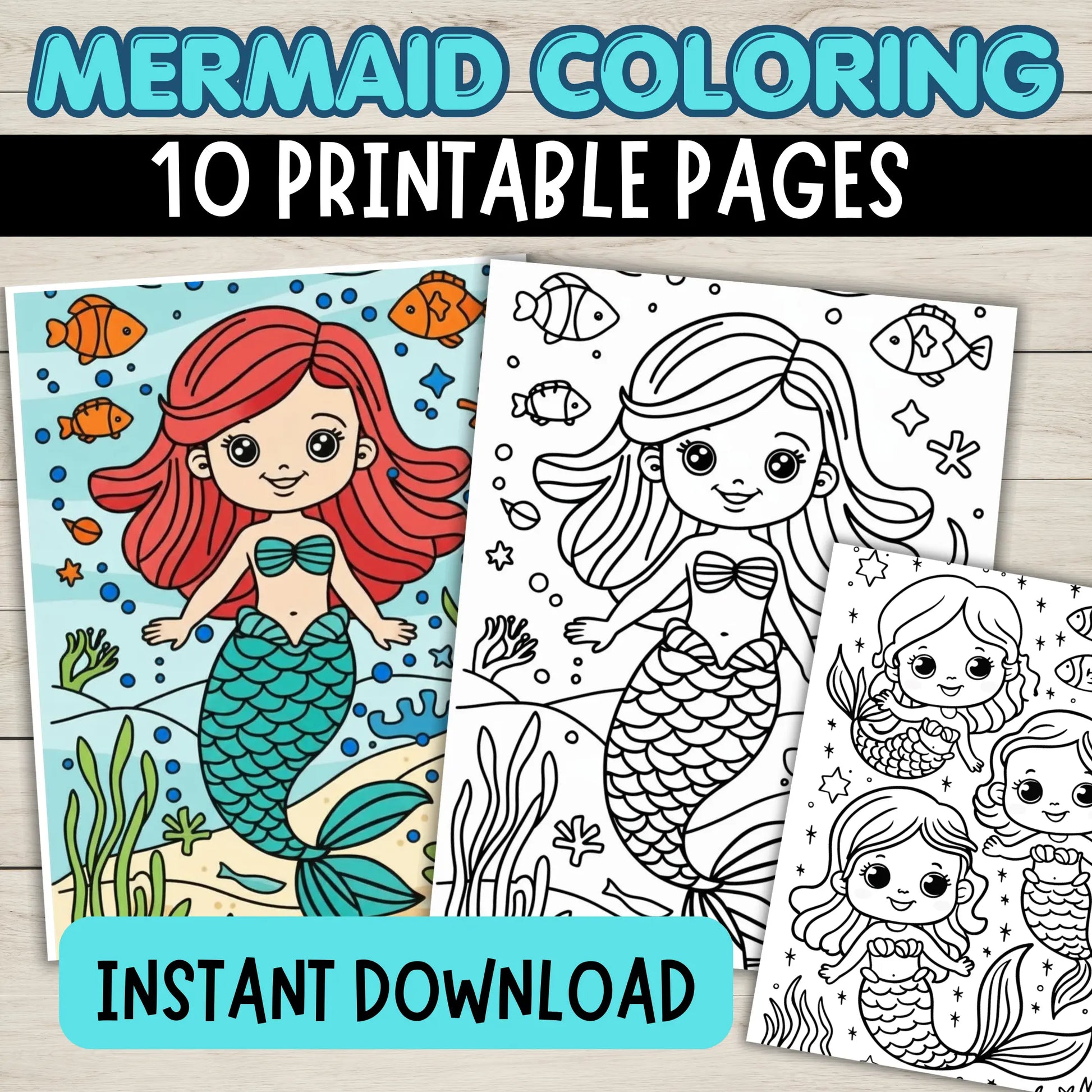 Mermaid coloring book with red-haired mermaid on a blue background, black and white mermaid on a white background, and mermaid family on a white background.