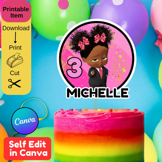 Black Boss Baby Girl Cake Topper Template - Editable Boss Baby Cake Toppers 
