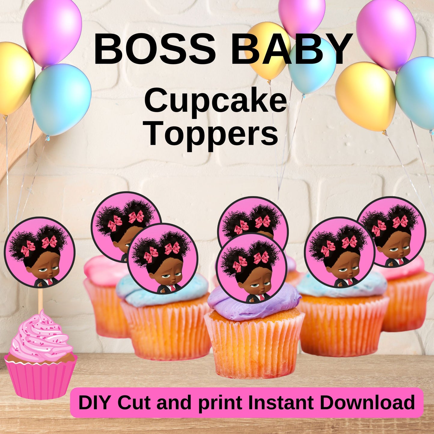 Black Boss Baby Cupcake Toppers - Printable African American Boss Baby Cupcakes