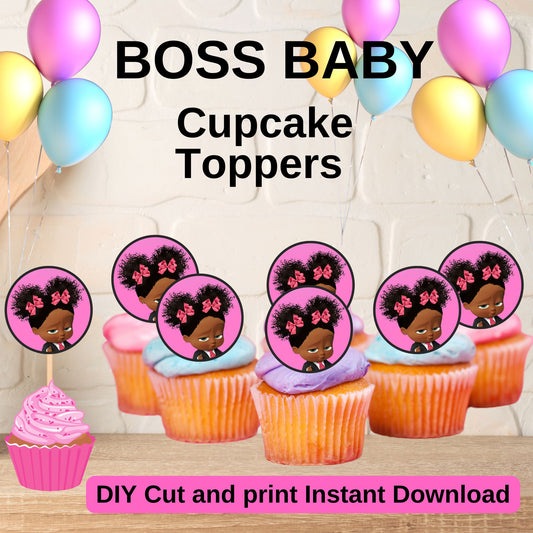 Black Boss Baby Cupcake Toppers - Printable African American Boss Baby Cupcakes