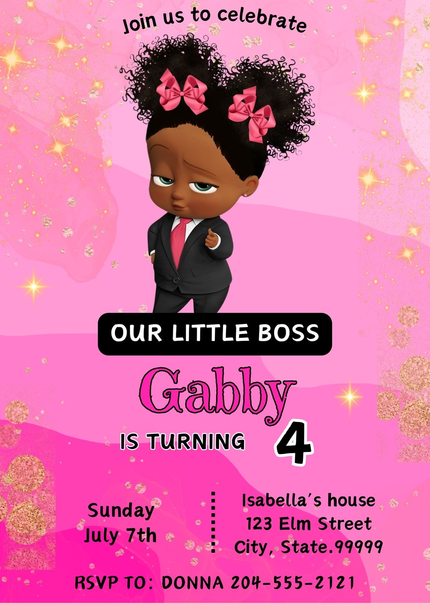 Black boss baby girl birthday invitations template