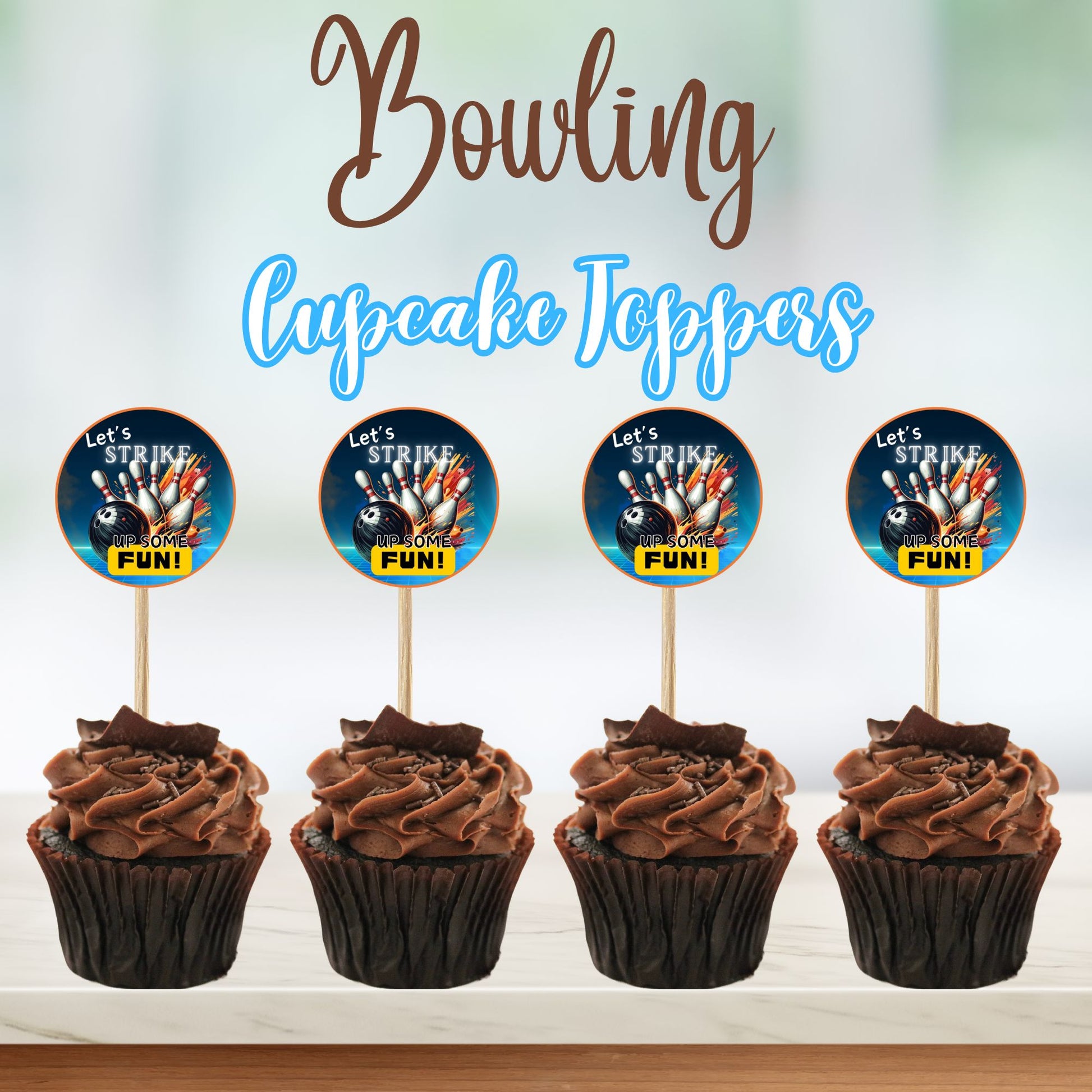 Bowling Cupcake Toppers for Kids Party - Printable Kids Bowling Cupcakes 