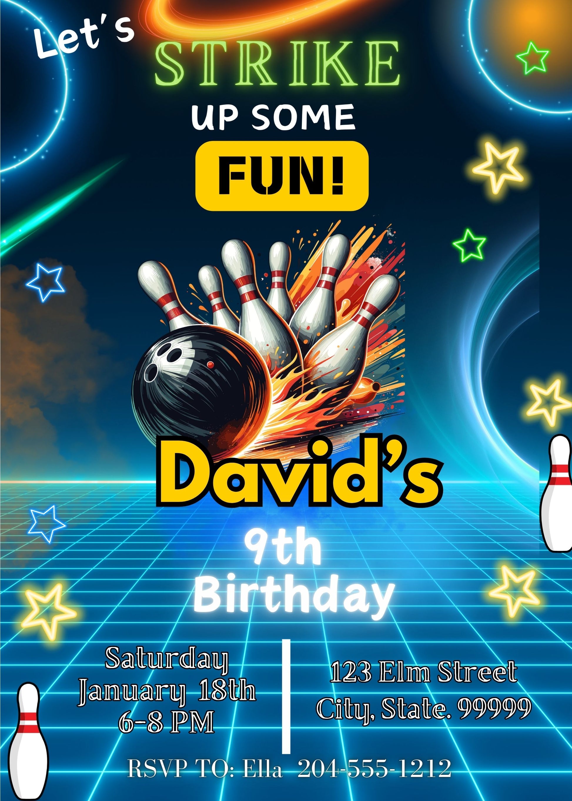 bowling birthday party ideas canva template 