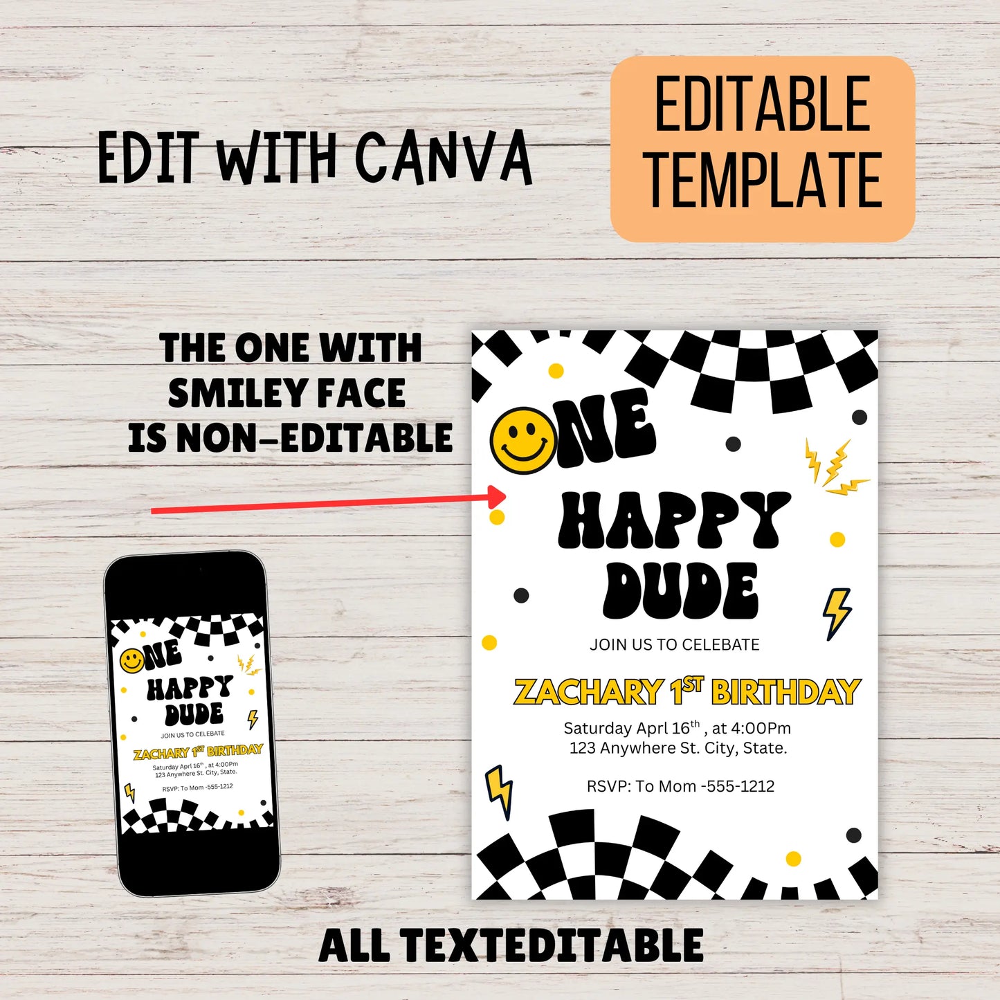 Digital One Happy Dude birthday invitation for smartphone display with editable text for a boy's first birthday party