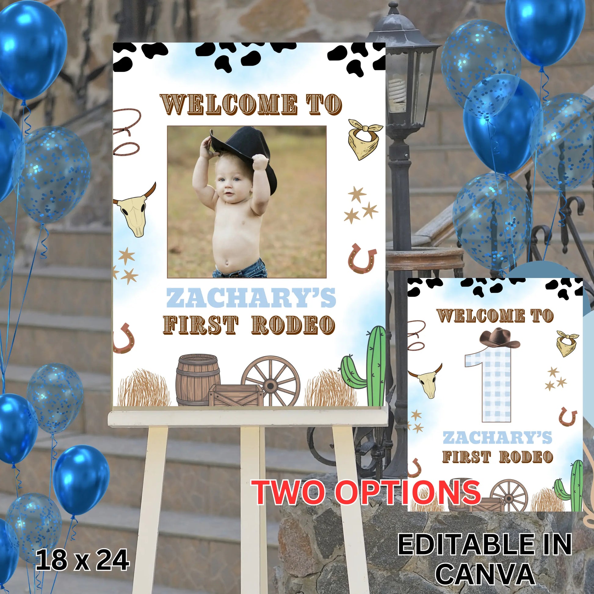 first rodeo pastel blue checkered welcome sign 
