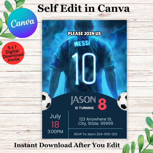 Messi Football Soccer Birthday Invitation - Editable Messi Invite in Canva 