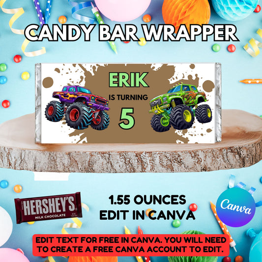 Monster Truck Birthday Candy Bar Wrapper Template - Monster Truck Birthday Party Favors