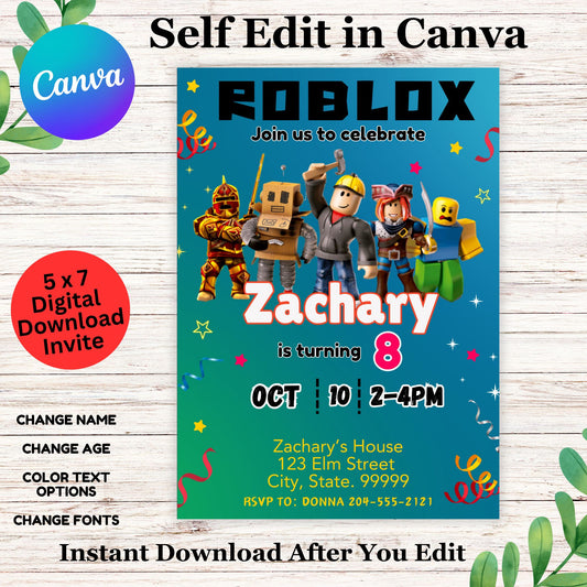 Roblox Birthday Invitation Template  - Editable Boys Roblox Birthday Invitation
