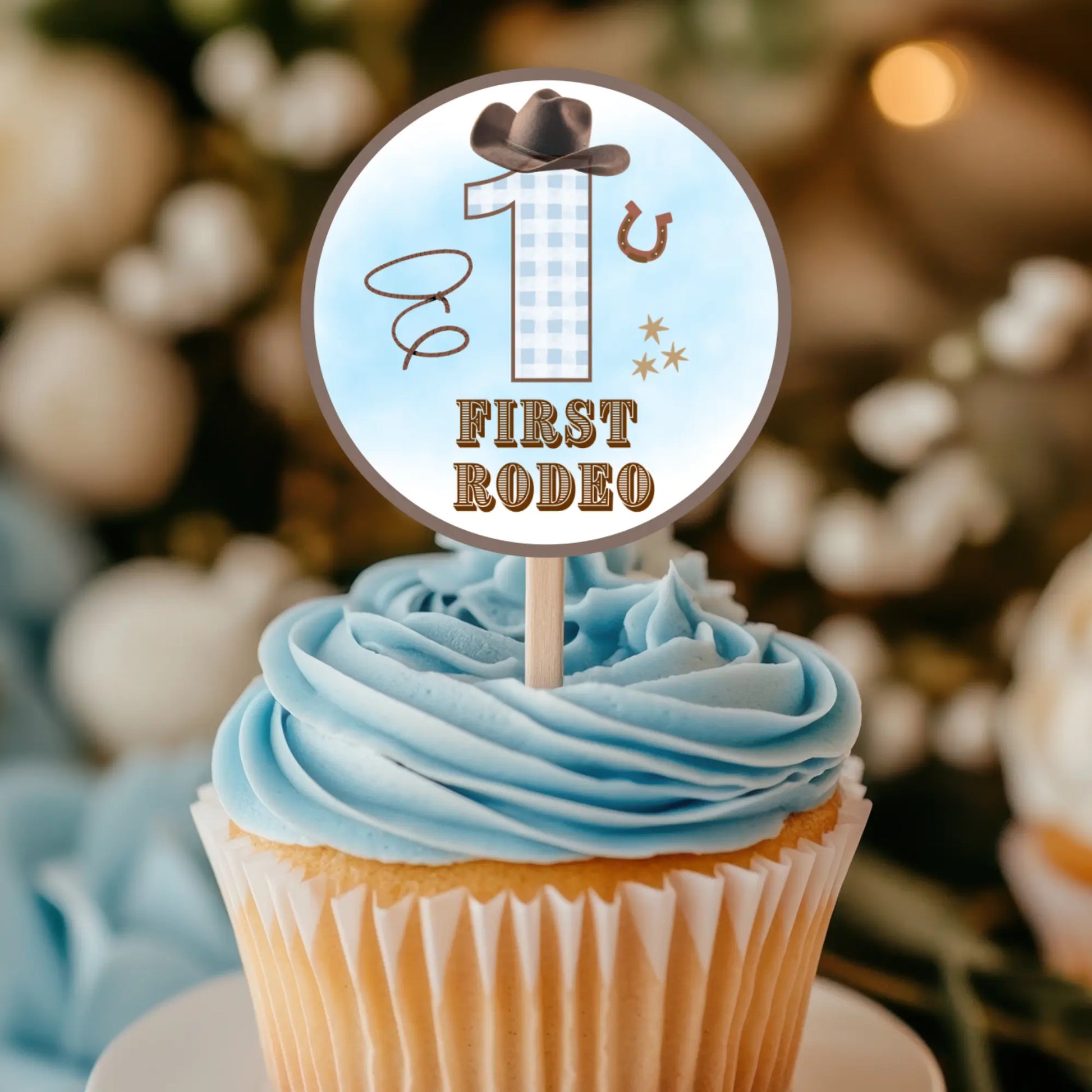 Pastel blue first rodeo, Canva editable cowboy topper