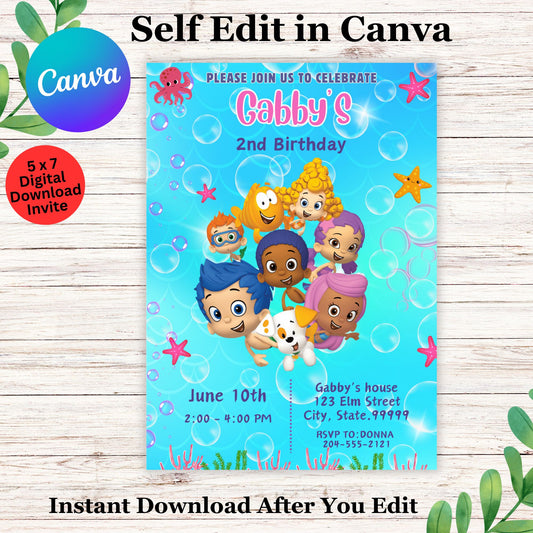 Bubble Guppies Girl Birthday Invitation  Template - Editable Bubble Guppies Birthday Invite 