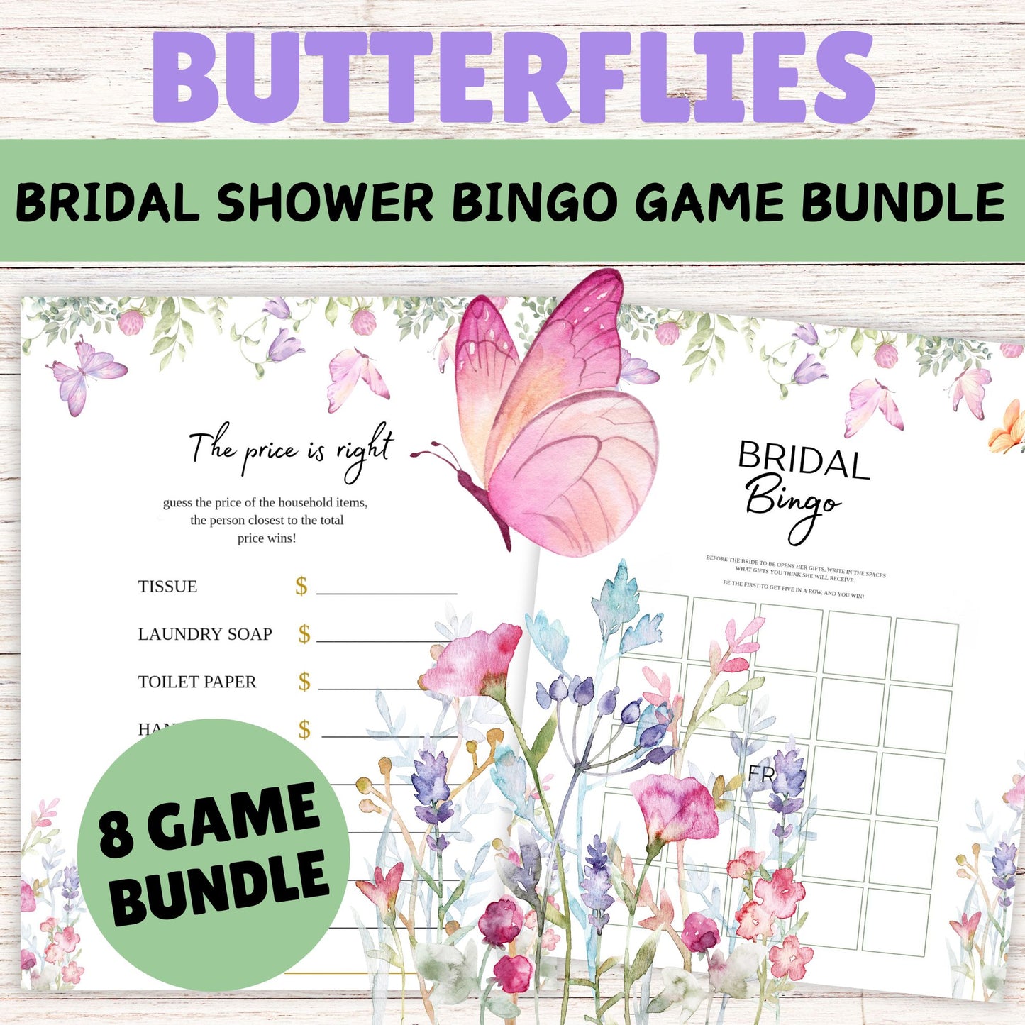Butterflies Bridal Shower Game Bundle - Printable Butterfly Bridal Shower Party Games