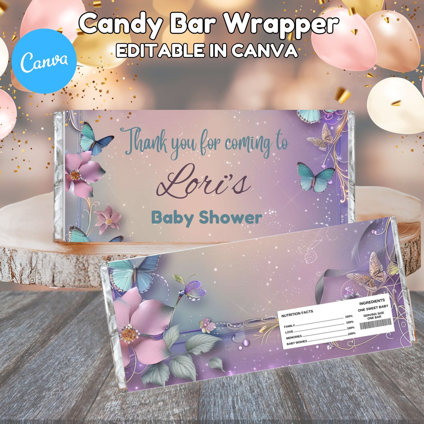Editable Butterfly Baby Shower Candy Bar Wrapper Template, Pink Purple Gold Chocolate Bar Wrappers, Printable Girl Baby Shower Favors, Instant Download
