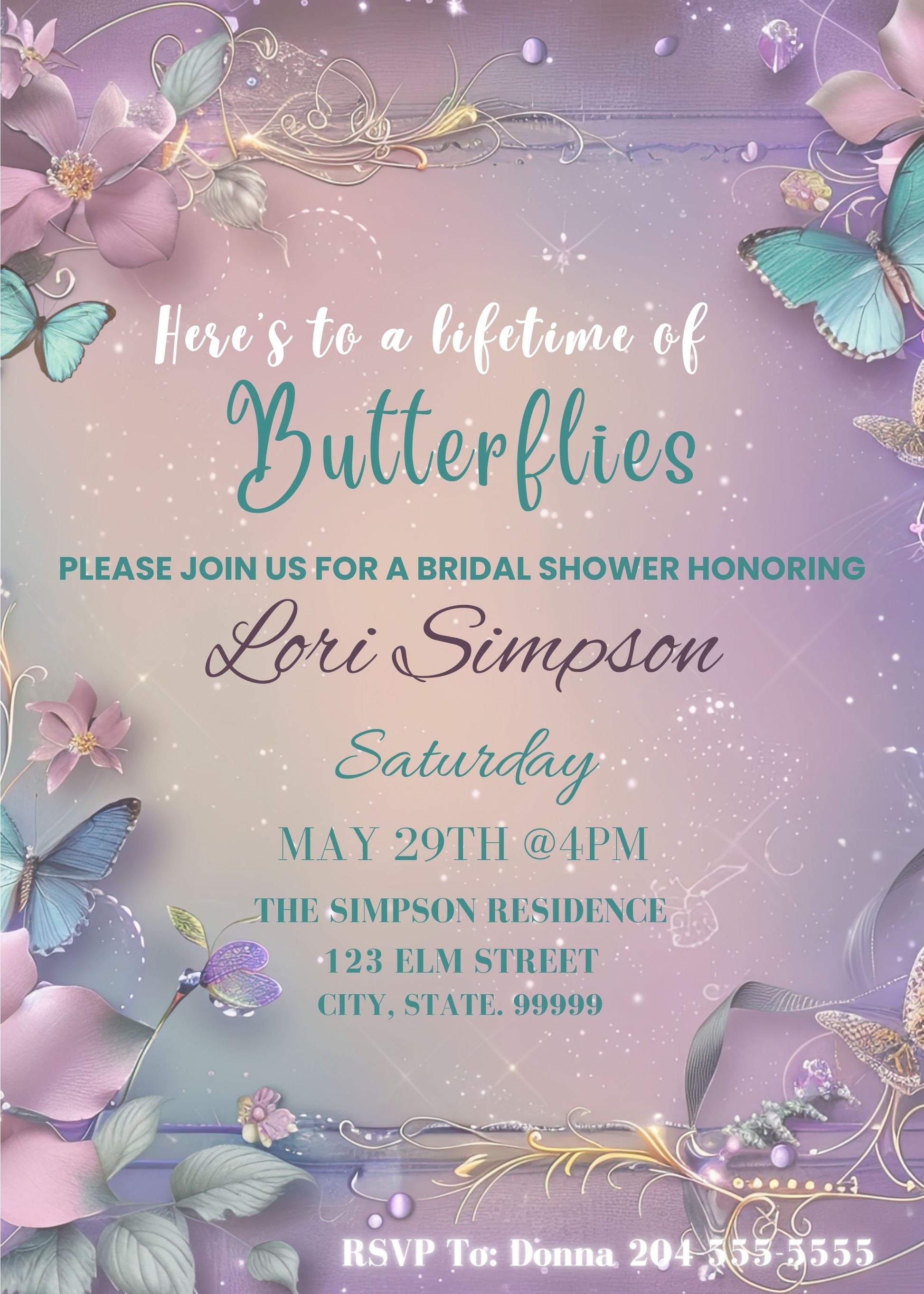 purple teal butterflies bridal shower invite 