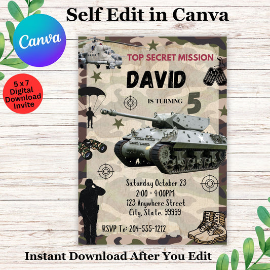 Military Kids Birthday Invitation Template - Army Birthday Invitation Editable in Canva