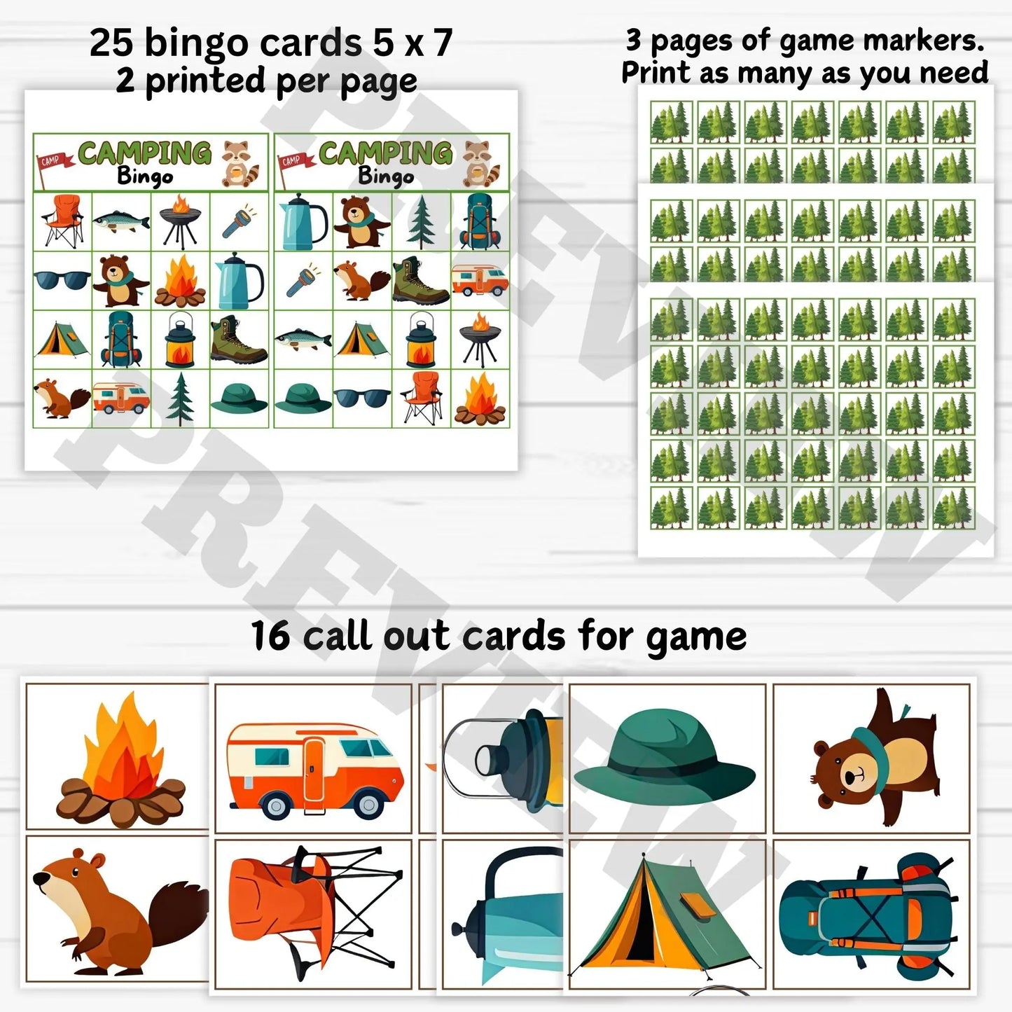 Summer Camp Activities, Camping Printable Game, Classroom Camping Theme, Family Camping Fun, Camping Adventure Game, 25 Camping Bingo Cards. 