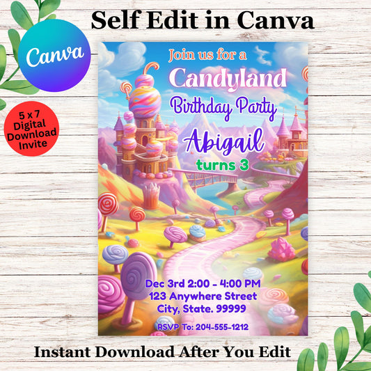 Candyland Birthday Invitation Template - Editable Candyland Theme Invite in Canva