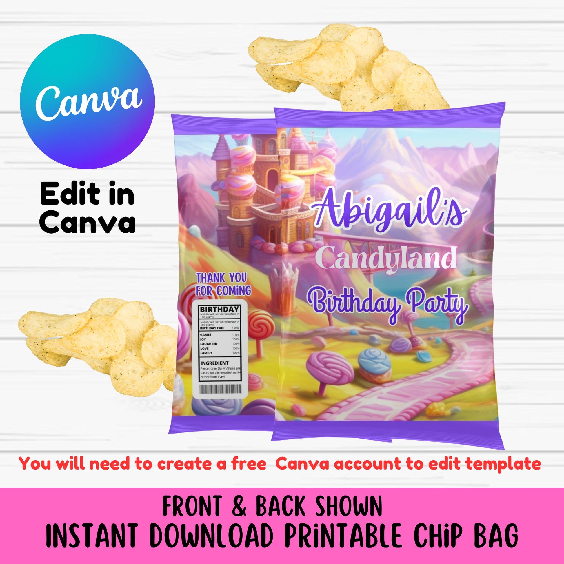 Candyland Party Chip Bag Template - Cute Candyland Party Favor Chip Bags