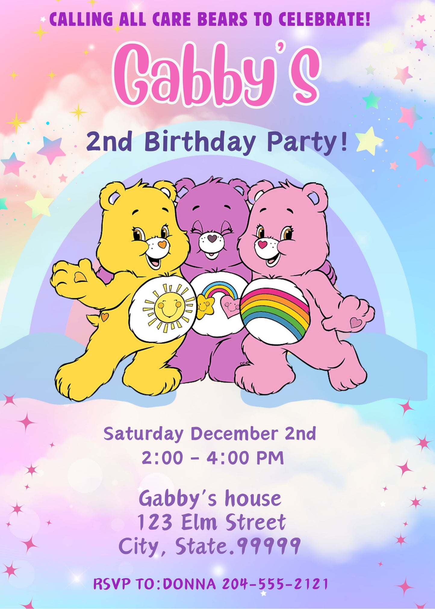 cute care bears birthday party invitation 