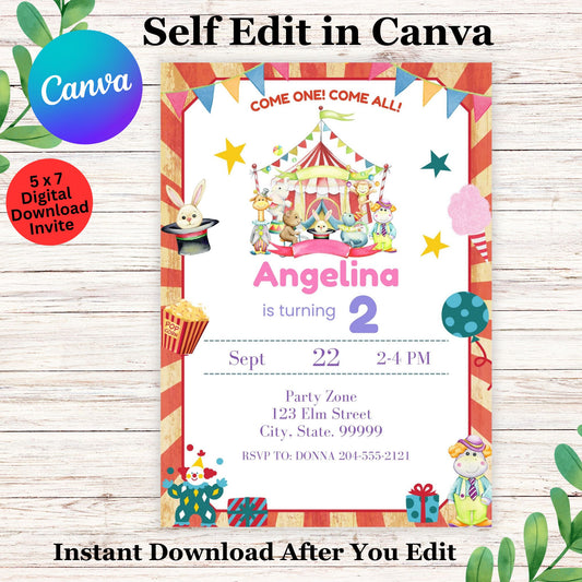 Circus Carnival Birthday Invitation Template - Editable Carnival Birthday Invite in Canva