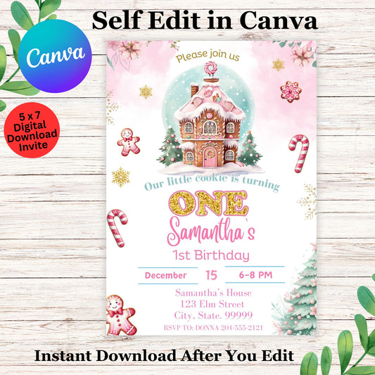 Gingerbread Little Cookie 1st Birthday Invitation Template - Editable Cookie Christmas Birthday Invite 