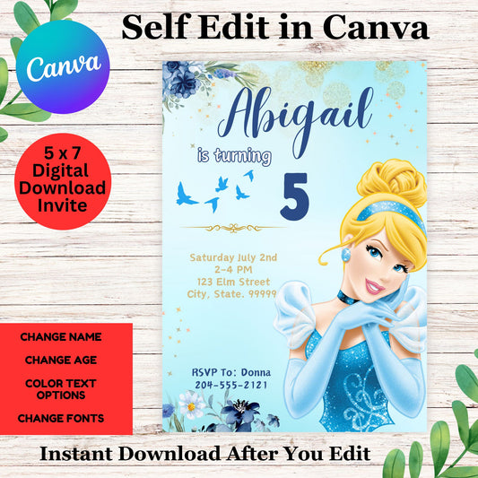 Cinderella Princess Birthday Invitation Template - Printable Cinderella Birthday Party Invite Canva