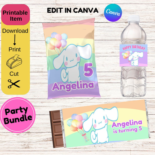 Hello Kitty Cinnamon Birthday Party Bundle- Printable Cinnamon Chip Bag Editable in Canva