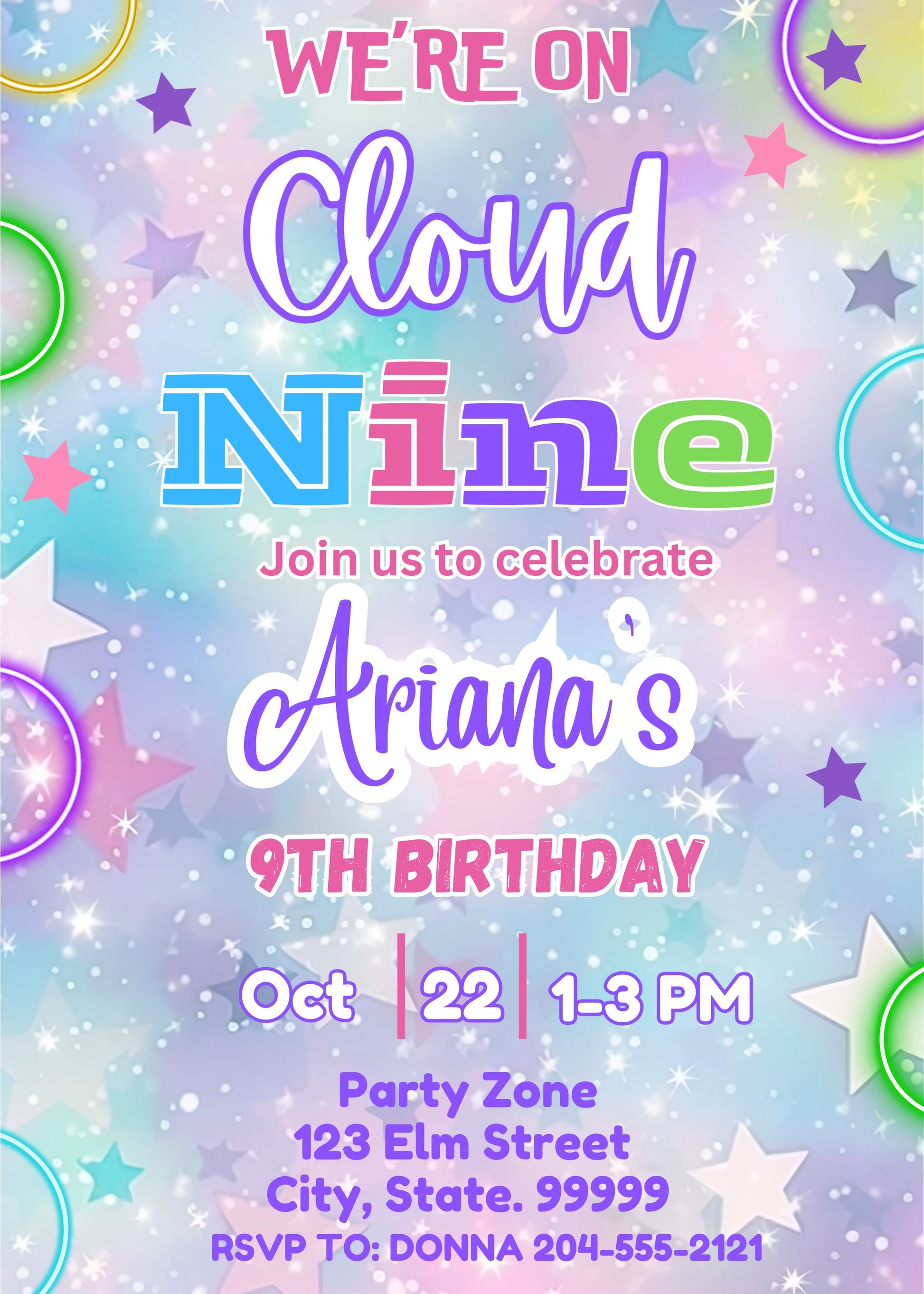 girls 9th birthday party invitation 