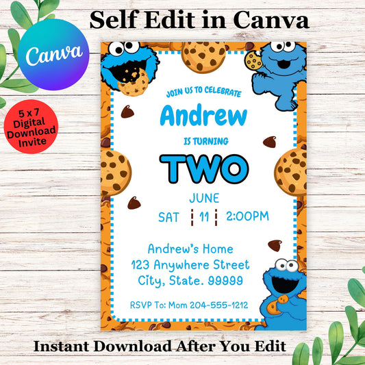 Cookie Monster Birthday Invitation Template - Editable Cookie Monster Invitation In Canva 