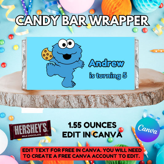 Cookie Monster Candy Bar Label Favors - Printable Cookie Monster Candy Bar Label Wrappers 