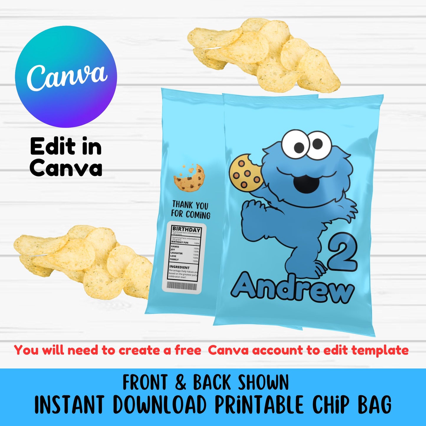 Cookie Monster Chip Bag Template - Printable Cookie Monster Chip Bag Editable in Canva