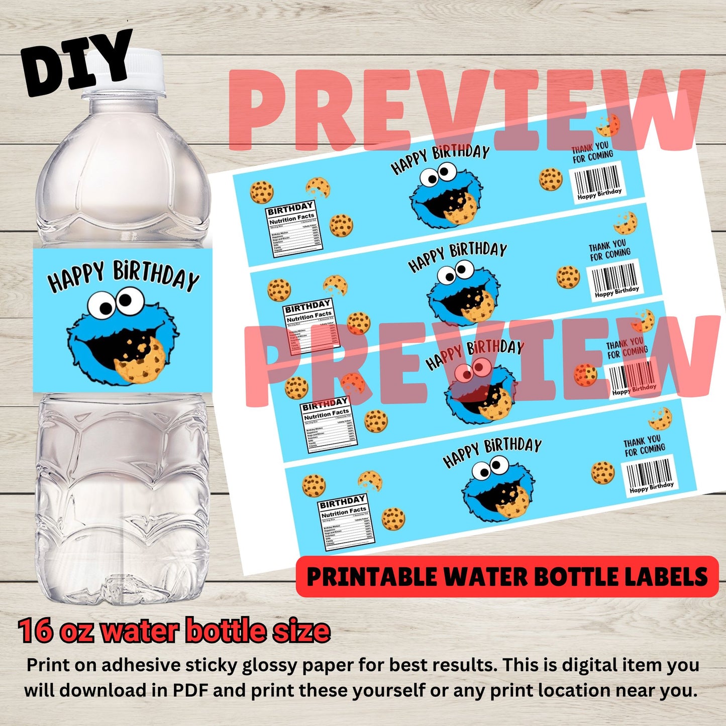 Cookie Monster Water Bottle Labels - Printable Cookie Monster Drink Labels 