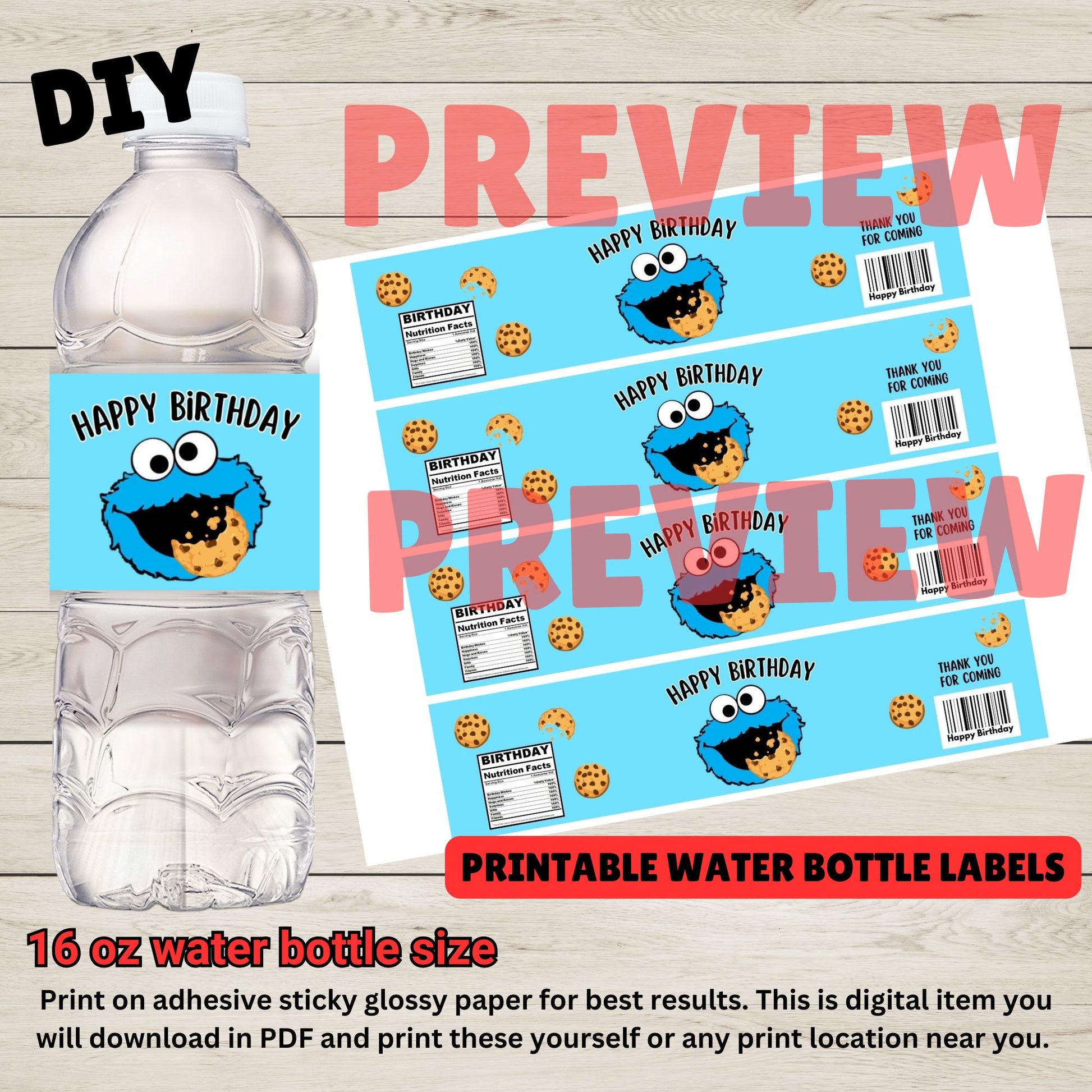 Cookie Monster Water Bottle Labels - Printable Cookie Monster Drink Labels 