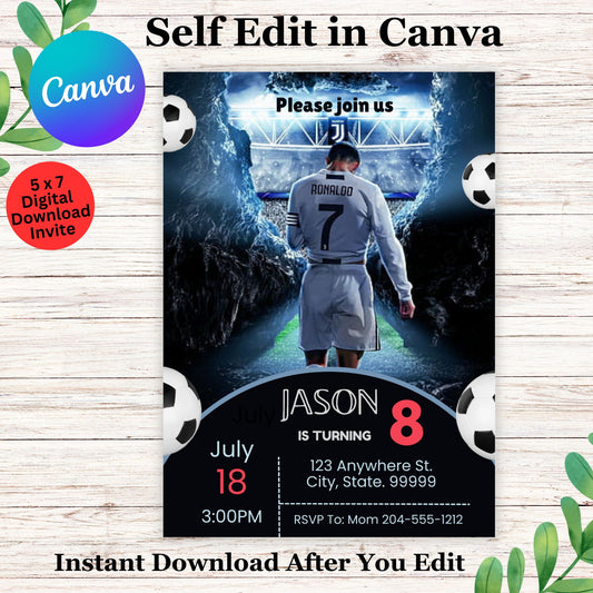 Ronaldo Football Soccer Birthday Invitation - Editable Ronaldo Invite in Canva