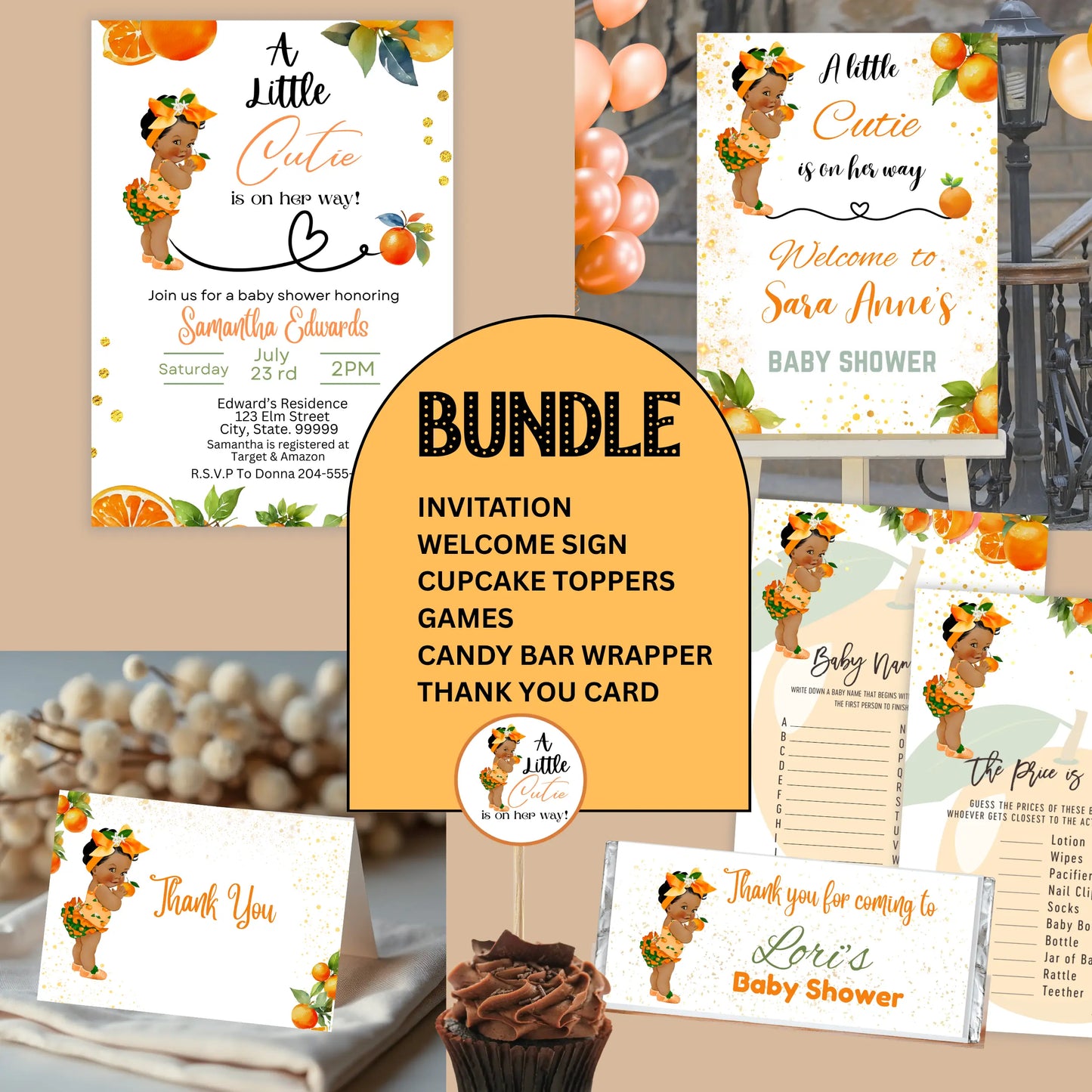Little Cutie is on Her Way Baby Shower Bundle | African American Citrus Theme | Orange & Clementine Baby Shower Decorations