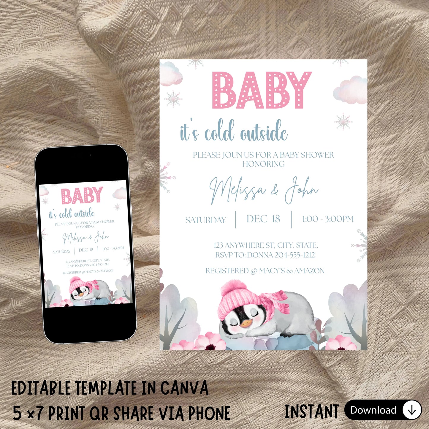 Editable Baby It's Cold Outside Baby Shower Invitation Template, Winter Wonderland Snowflakes Invite, Cozy Gender Neutral Shower Digital File, Canva