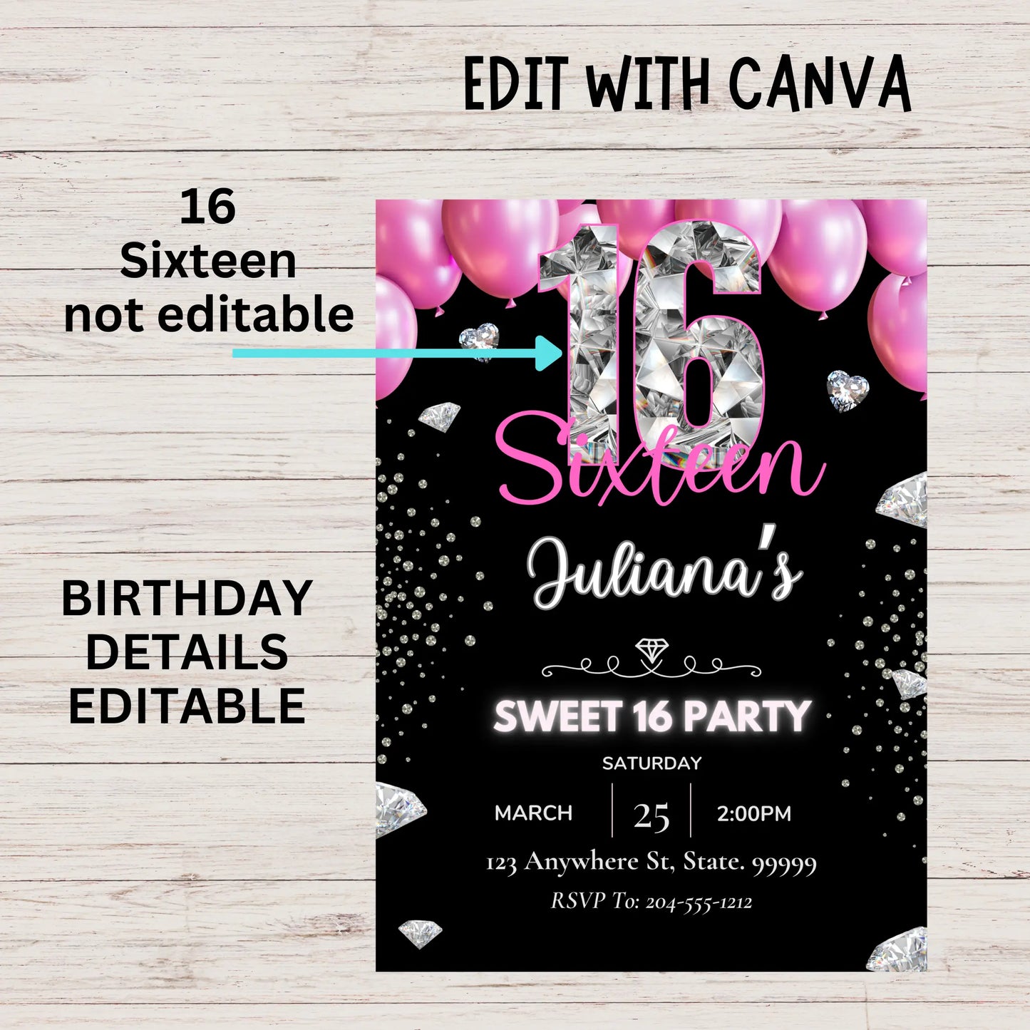 Glamorous, Luxury, Glitter, Sparkle, Modern, Chic, 16th Birthday Party, Digital Download, DIY Invitation.