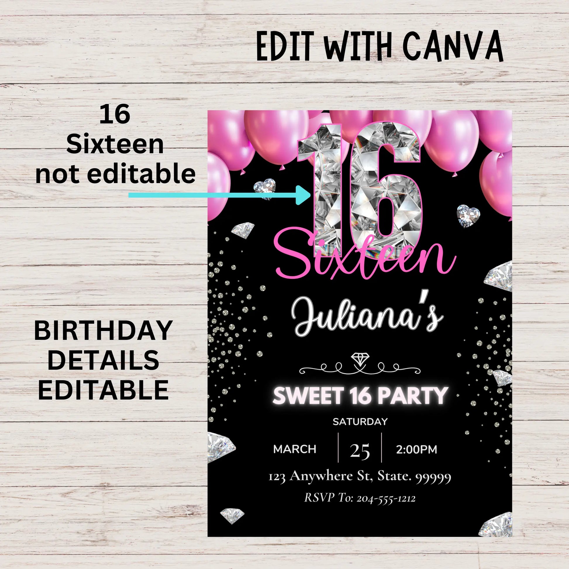 Glamorous, Luxury, Glitter, Sparkle, Modern, Chic, 16th Birthday Party, Digital Download, DIY Invitation.