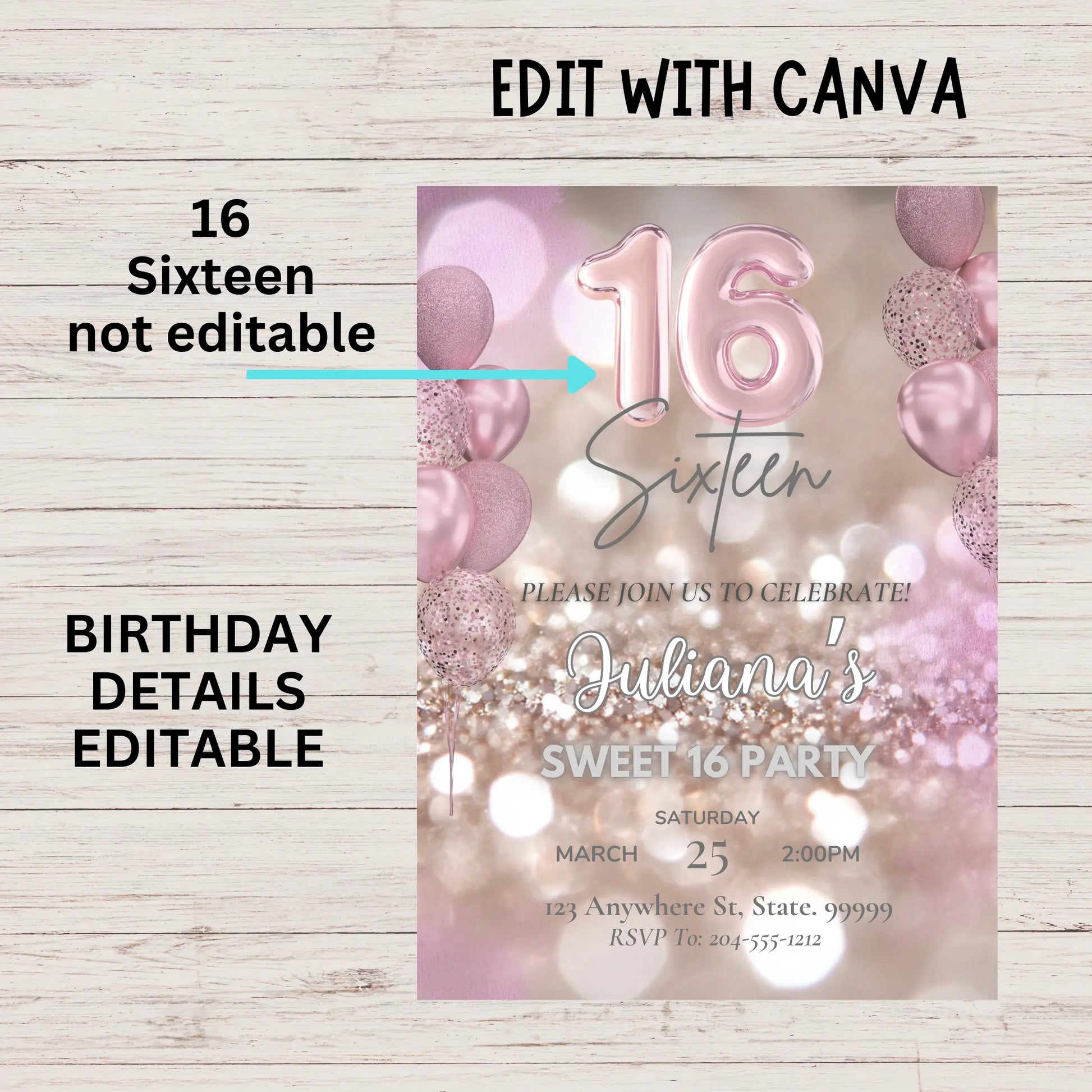 Blush pink birthday invite, printable sweet 16 invitation, modern 16th invite, Canva invitation template, rose gold glitter invite, instant download, digital 16th birthday card.