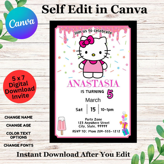 Hello Kitty Personalized Birthday Invitation Template - Kawaii Girl Birthday Party