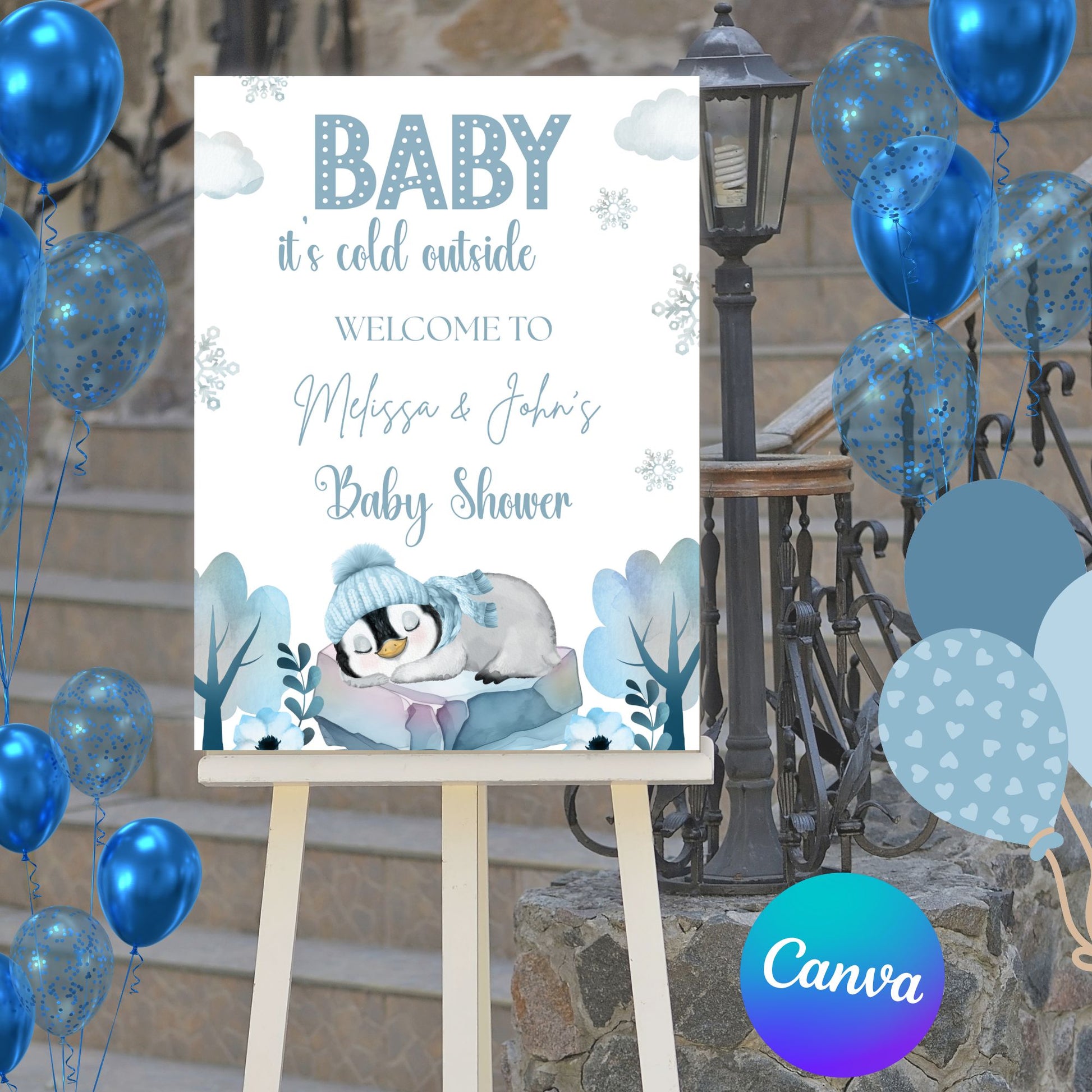 Editable Blue Winter Penguin Baby Shower Welcome Sign Template, "Baby It's Cold Outside" Poster, Boy Winter Wonderland Decor, Instant Download