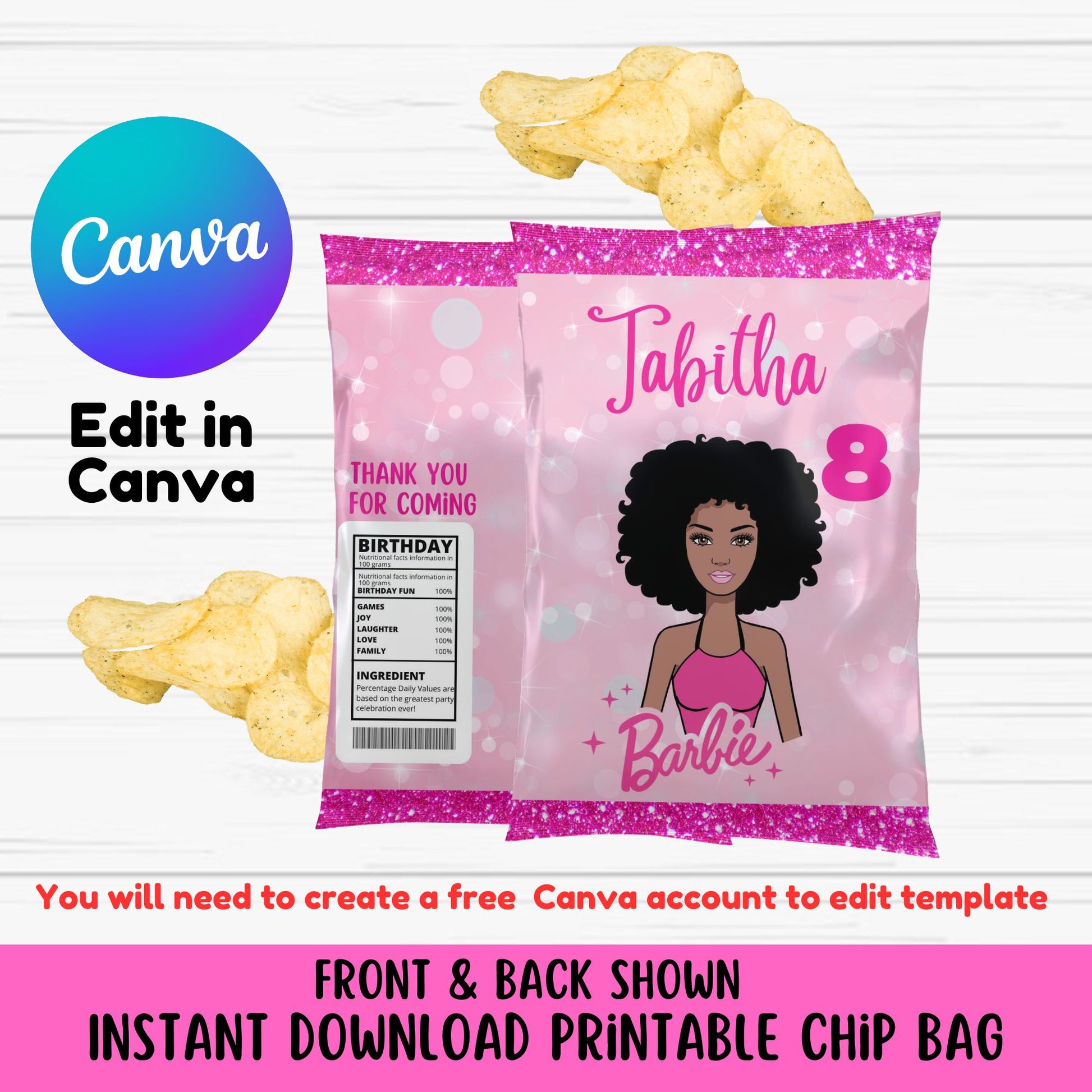 Black Barbie Personalized Chip Bag Template - Cute African American Barbie Snack Bag