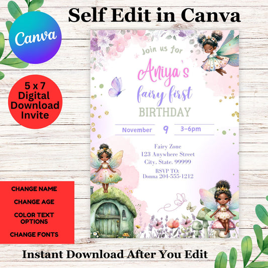 Fairy First Black Fairy Birthday Invitation- Fairy 1st Birthday Invitation Template 