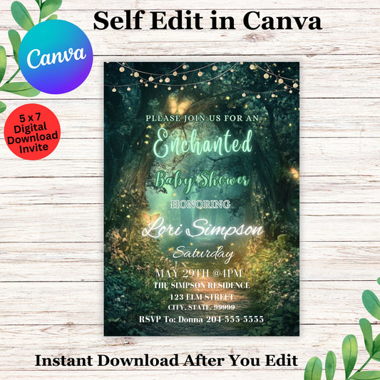 Enchanted Forest Baby Shower Invitation Template - Editable Whimsical Enchanted Forest Baby Shower Invitation