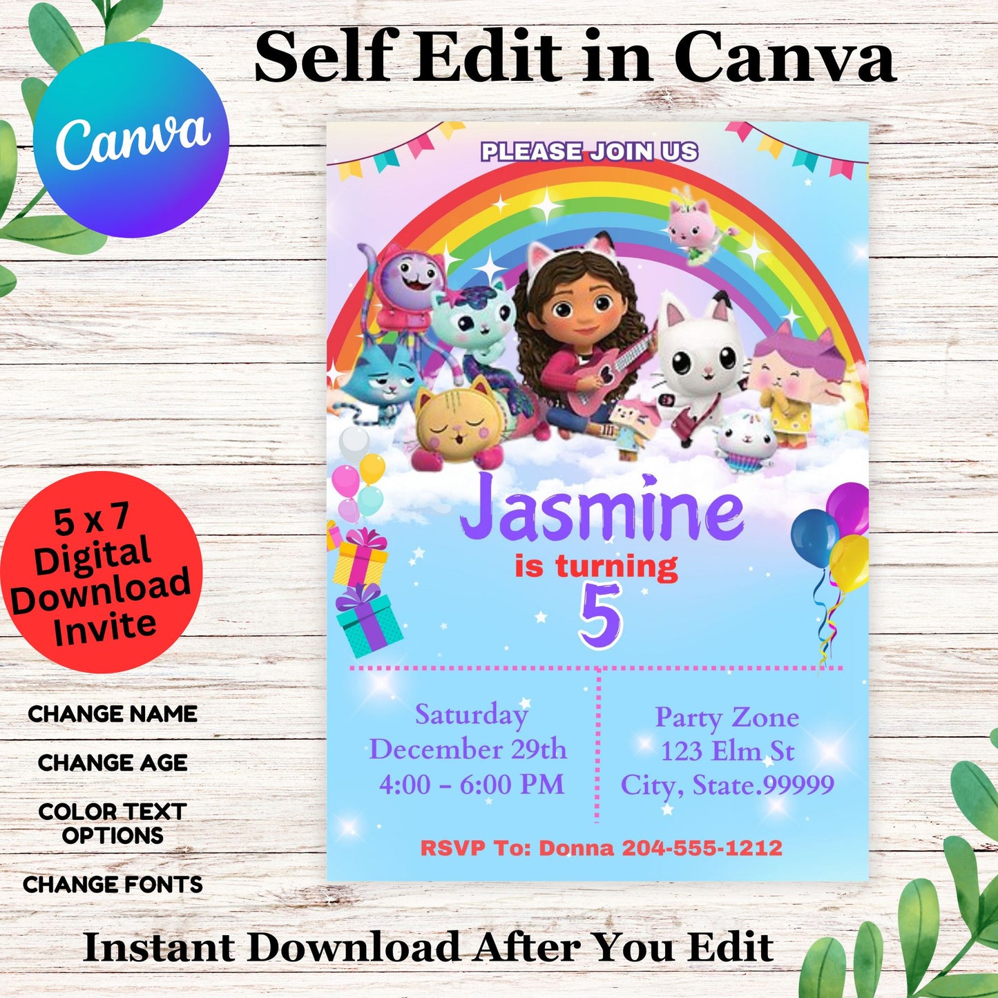 Gabby's Dollhouse Personalized Birthday Invitation Template - Gabby's Dollhouse Invite Editable in Canva