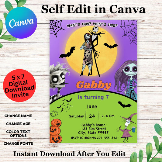 Nightmare Before Christmas Birthday Invitation Template Editable in Canva