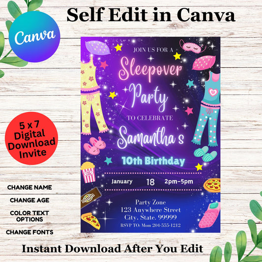 Sleepover Birthday Party Invitation Template - Girl Sleepover Party Invite Editable in Canva  