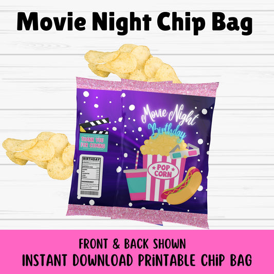 Movie Night Birthday Chip Bag - Pink Purple Movie Night Chip Bags- Printable 