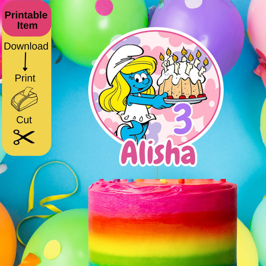 Smurfette Birthday Cake Toppers - Printable Smurfs Girl Birthday Cake Topper Template