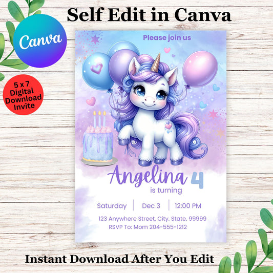 Unicorn Pastel Birthday Invitation Template - Editable Cute Unicorn Birthday Invite in Canva