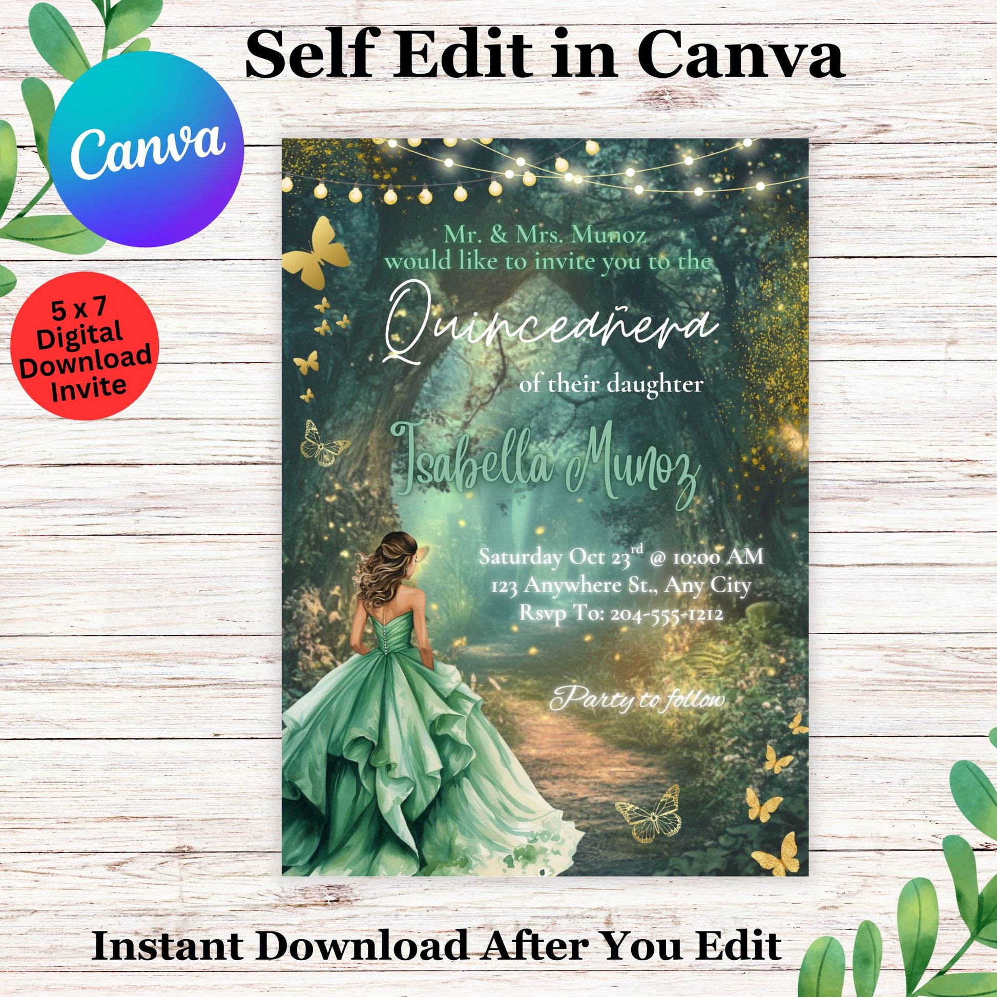 Enchanted Forest Quinceañera Party Invitation Template - Editable Quinceañera Birthday Invite in Canva